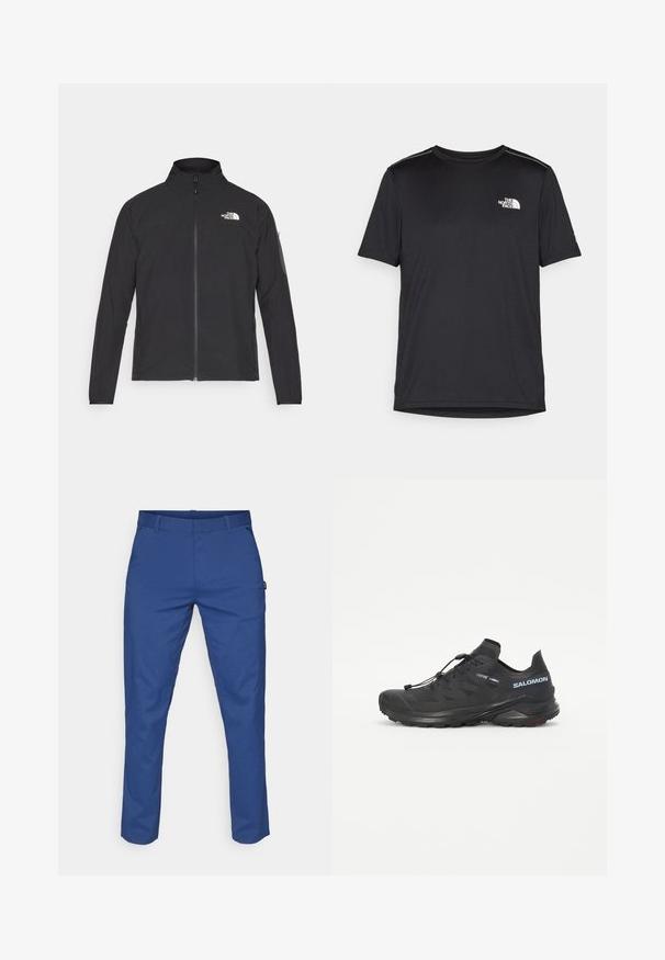 Čierna bunda s vysokým golierom, predným zipsom a textúrovanou tkaninou. Na prednej strane má logo na ľavej hornej strane a bočnú vrecko na rukáve.; Čierne tričko s krátkym rukávom vyrobené z ľahkej tkaniny. Obsahuje malé biele logo na ľavej hrudi a jemné akcenty na pleciach.; Modré nohavice vyrobené z hladkej látky, so rovnými nohavicami, dvoma bočnými vreckami a pútkami na opasok. Žiadne viditeľné vzory ani kovové detaily.; Čierna trailová bežecká obuv s textúrovaným vrškom, elastickými šnúrkami a podrážkou Contagrip. Obsahuje tesný strih a ochrannú špicu.
