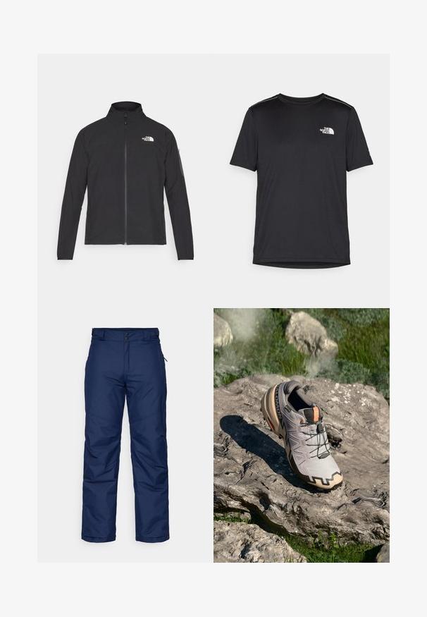 Casaco preto com um colarinho alto, fecho na frente e tecido texturizado. Apresenta um logótipo no canto superior esquerdo e um bolso lateral na manga.; T-shirt preto de manga curta feito de um tecido leve. Apresenta um pequeno logo branco ao lado esquerdo do peito e detalhes subtis nos ombros.; Calças de neve isoladas azul marinho com um design de perna reta, apresentando dois botões frontais, bolsos laterais e um tecido liso e texturizado.; Sapatilha de corrida em trilhos cinza claro com detalhes em bege, parte superior texturizada, atacadores pretos e sola com padrão de aderência pronunciado. Apresenta o logótipo da marca.