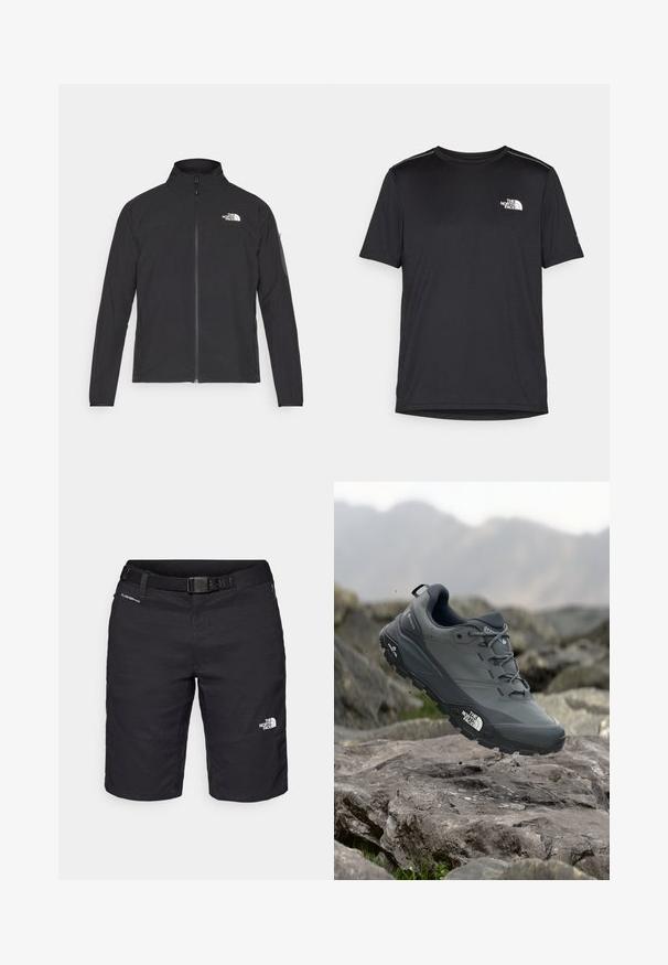 Sort jakke med høj krave, frontlynlås og struktureret stof. Har et logo på øverste venstre side og en sidelomme på ærmet.; Sort t-shirt med korte ærmer lavet af letvægtsstof. Har et lille hvidt logo på venstre bryst og diskrete skuldrelementer.; Sorte vandreshorts fremstillet af letvægtsmateriale, med bælte, syninger og logo på højre ben.; Grå trail løbesko med en tekstureret overdel, slidstærk gummisål og forstærket tåkap. Har snørebånd og mærkelogo på siden.