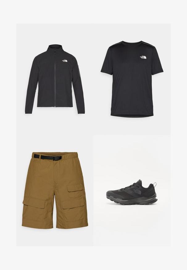 Juodas švarkas su aukšta apykakle, priekiniais užtrauktukais ir tekstūruotu audiniu. Yra logotipas viršuje kairėje ir šoninis kišenė ant rankovės.; Juodas trumpas rankovės marškinėliai, pagaminti iš lengvos medžiagos. Yra mažas baltas logotipas kairiajame krūtinės pusėje ir subtilūs pečių akcentai.; Kakinių spalvos kargo šortai su elastine juosmeniu ir juodu diržu, dvi šoninės kišenės ir dvi kargo kišenės su užsegamais dangteliais.; Juodos sportinės bateliai su tinklelio viršumi, guminiais padu ir paminkštintu apykakle. Yra raišteliai, logotipas šone ir tekstūruotas dizainas.