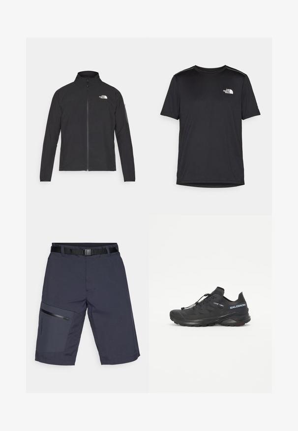 Black jacket with a high collar, front zipper, and textured fabric. Features a logo on the upper left and a side pocket on the sleeve.; Black short-sleeve T-shirt made from lightweight fabric. Features a small white logo on the left chest and subtle shoulder accents.; Dark blue cargo shorts with a black belt, featuring a zippered pocket on the left leg and a textured fabric. Overall, a sleek, functional design.; Black trail running shoe with a textured upper, elastic laces, and Contagrip outsole. Features a snug fit and protective toe cap.