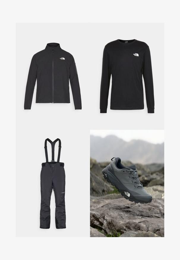 Svart jakke med høy krage, frontglidelås og teksturert stoff. Har et logo på øvre venstre side og en sidelomme på ermet.; Svart langermet t-skjorte i bomull, med en hvit logo på venstre bryst og ribbestrikkede mansjetter. Glatt tekstur med rund hals.; Svart vinterbukser med justerbare seler, med en glatt tekstur, forsterkede knær og subtil merkevare på den nedre leggen.; Grå terrengløpesko med en teksturert overdel, slitesterk gummisåle og forsterket tåhette. Inkluderer snørebånd og merkevarelogo på siden.