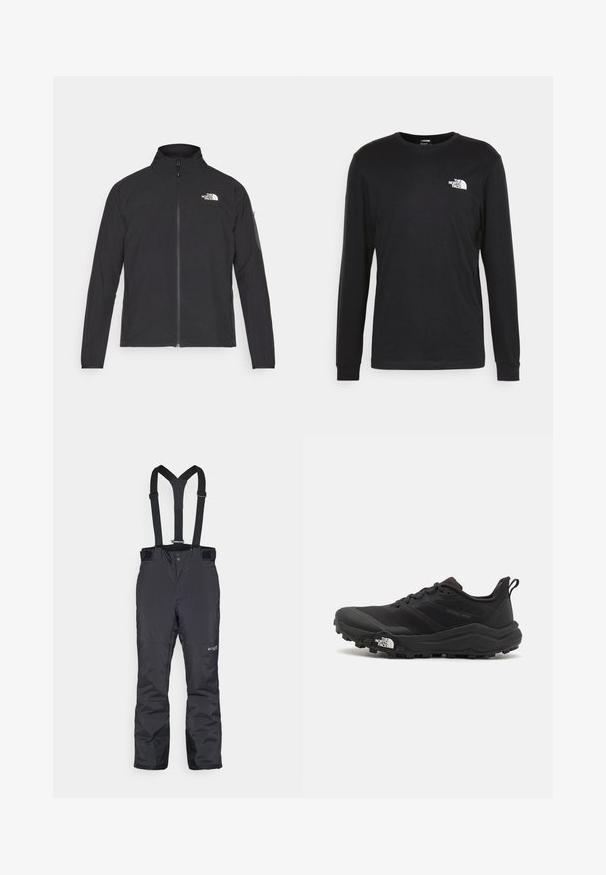 Svart jakke med høy krage, frontglidelås og teksturert stoff. Har et logo på øvre venstre side og en sidelomme på ermet.; Svart langermet t-skjorte i bomull, med en hvit logo på venstre bryst og ribbestrikkede mansjetter. Glatt tekstur med rund hals.; Svart vinterbukser med justerbare seler, med en glatt tekstur, forsterkede knær og subtil merkevare på den nedre leggen.; Svart terrengløpesko med teksturert overdel, gummisåle og forsterket tåhette. Har polstret krage og løftestropp for enkel påkledning.
