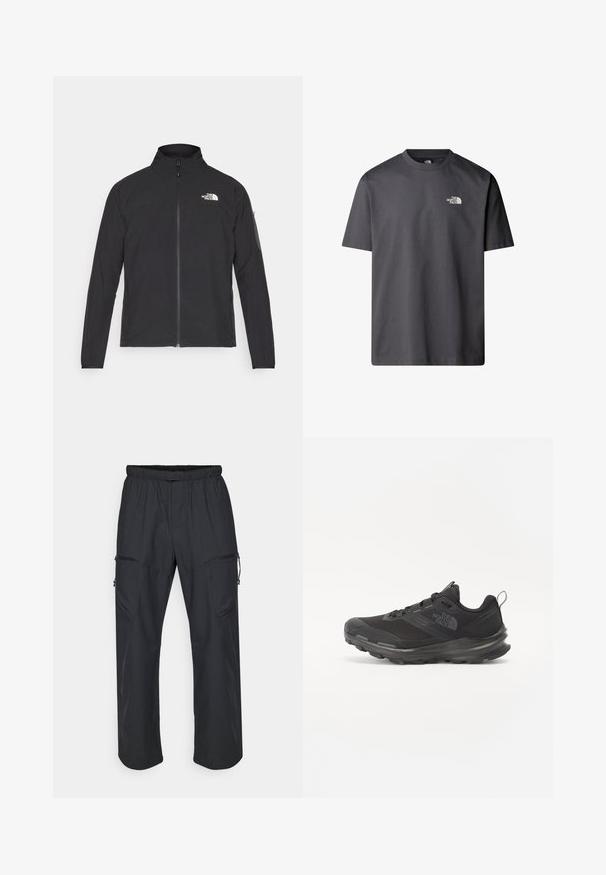 Svart jacka med hög krage, framdragkedja och texturerat tyg. Har en logotyp på övre vänstra sidan och en sidoficka på ärmen.; Grå bomulls t-shirt med rund hals, korta ärmar och en liten vit logotyp på vänster bröstområde. Mjuk, slät textur.; Svarta cargo-byxor med elastisk midja, två fickor med dragkedja och ett lätt, slätt tyg.; Svart idrottssko med mesh-överdel, gummiyttersula och vadderad krage. Utrustad med snören, logotyp på sidan och en strukturerad design.