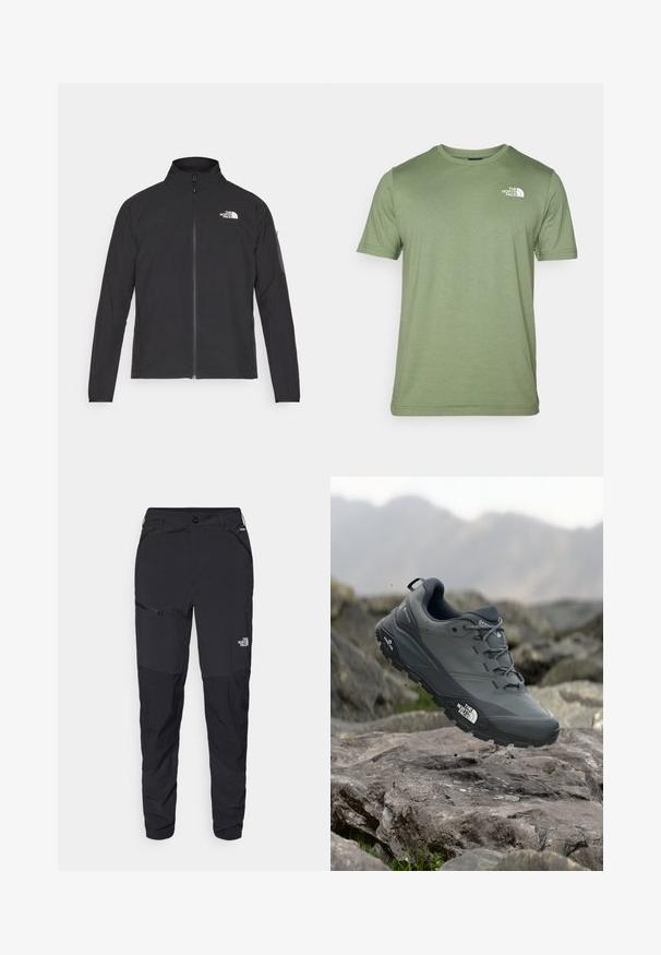 Melna jaka ar augstu apkakli, priekšpuses rāvējslēdzēju un teksturētu audumu. Ievērojams logo augšējā kreisajā pusē un sānu kabata uz piedurknes.; Olivu zaļā īsām piedurknēm T-kreklā, kas izgatavots no mīkstas auduma. Tam ir apaļa izgriezuma kakla līnija un balts logs uz kreisā krūts. Gluda tekstūra visā kreklā.; Melnas āra bikses ar sašaurinātu piegriezumu, izgatavotas no izturīga auduma. Iespējas ietver kabatas ar rāvējslēdzējiem un diskretu zīmolu uz priekšējās kājas.; Pelēki skrējēju apavi ar teksturētu virsu, izturīgu gumijas zoli un pastiprinātu pirkstu daļu. Iekļauj šņores un zīmola logo sānos.