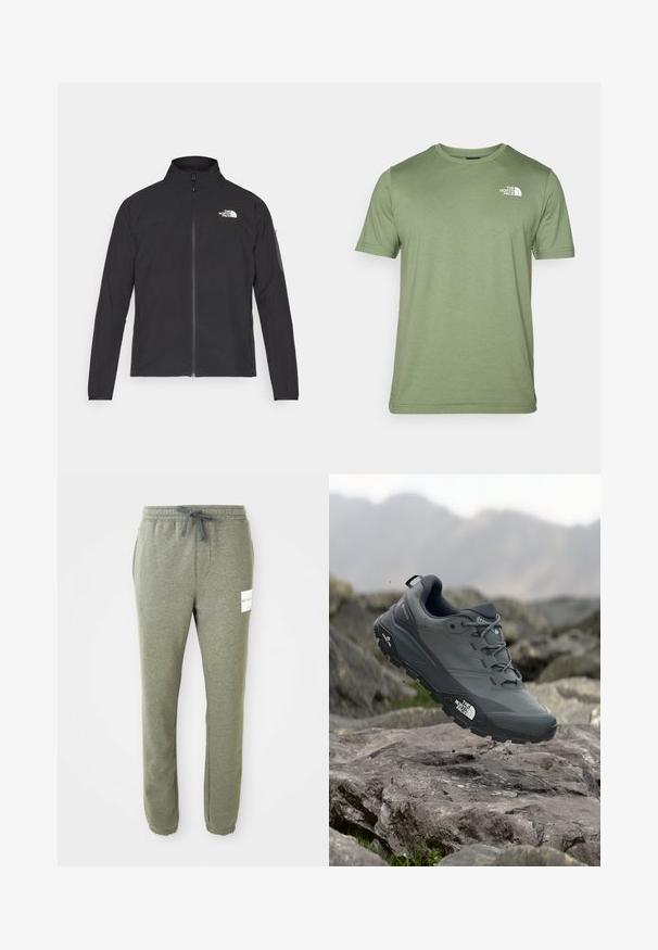 Melna jaka ar augstu apkakli, priekšpuses rāvējslēdzēju un teksturētu audumu. Ievērojams logo augšējā kreisajā pusē un sānu kabata uz piedurknes.; Olivu zaļā īsām piedurknēm T-kreklā, kas izgatavots no mīkstas auduma. Tam ir apaļa izgriezuma kakla līnija un balts logs uz kreisā krūts. Gluda tekstūra visā kreklā.; Hētera pelēkas taperētas sporta bikses ar elastīgu jostu, auklu, sānu kabatām, potīšu aprocēm un mazu baltu zīmola etiķeti labajā augšstilbā.; Pelēki skrējēju apavi ar teksturētu virsu, izturīgu gumijas zoli un pastiprinātu pirkstu daļu. Iekļauj šņores un zīmola logo sānos.