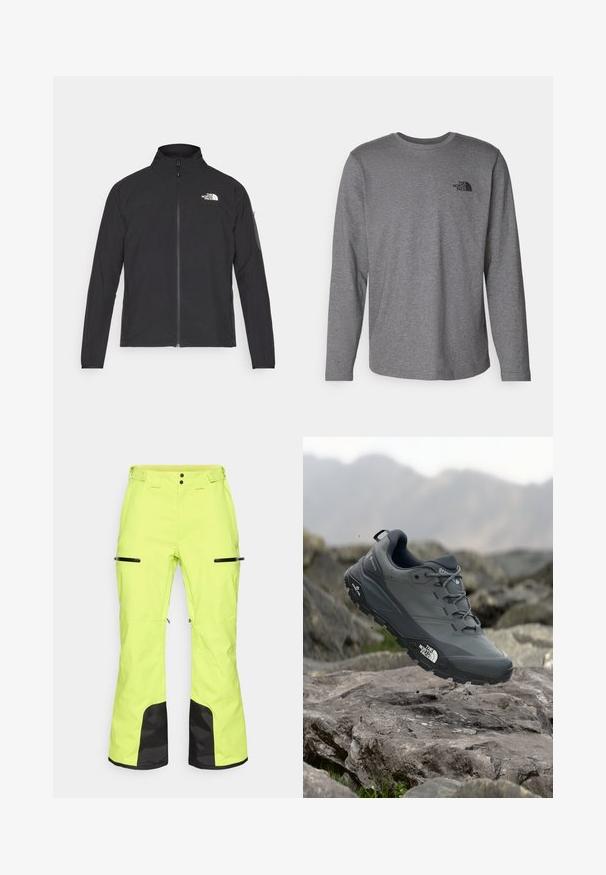 Zwarte jas met een hoge kraag, ritssluiting aan de voorkant en een gestructureerde stof. Heeft een logo op de bovenste linkerzijde en een zijzak op de mouw.; The North Face M L/S SIMPLE DOME TEE - Longsleeve - medium grey heather; Felgekleurde gele skibroek met zwarte accenten, ritszakken en een verstelbare taille, gemaakt van een duurzaam, weerbestendig materiaal.; Grijze trailrun-schoen met een gestructureerde bovenkant, duurzame rubbersole en versterkte neuskap. Voorzien van veters en een merkimprint aan de zijkant.