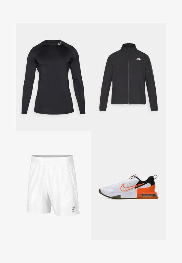 Crna jakna s visokim ovratnikom, prednjim zatvaračem i teksturiranim materijalom. Ima logo na gornjem lijevom dijelu i bočnu žepnju na rukavu.; Crna dugorukava atletska majica izrađena od glatkog, rastezljivog materijala s okruglim izrezom i diskretnim logotipom u gornjem lijevom kutu.; Bijele atletske kratke hlače izrađene od lagane tkanine s elastičnim pojasom, koje imaju dva bočna džepa i mali crni logo na rubu.; Bijela atletska cipela s teksturiranim mrežastim gornjim dijelom, crnim i narančastim naglascima, debelim gumastim potplatom i prozirnim zračnim jastučićem na peti.