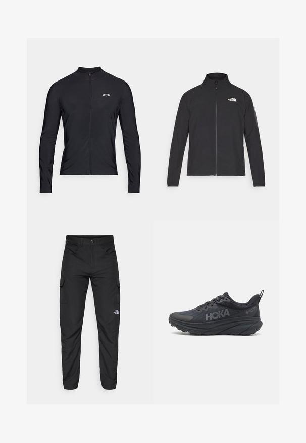 Jachetă neagră cu guler înalt, fermoar frontal și țesătură texturată. Dispune de un logo în partea stângă sus și o buzunar pe manșetă.; Cămașă cu mânecă lungă, neagră, cu fermoar, fabricată dintr-un material ușor; are un guler rotund și un logo mic imprimat în partea stângă sus.; The North Face HORIZON PANT - Pantaloni outdoor - black; Pantofii de alergare Hoka negri au un superior din plasă, detalii texturate și o talpă groasă, căptușită, cu margini conice pentru un suport îmbunătățit.