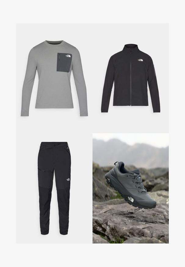 Casaco preto com um colarinho alto, fecho na frente e tecido texturizado. Apresenta um logótipo no canto superior esquerdo e um bolso lateral na manga.; Camisa de manga longa cinza com tecido texturizado, apresentando um bolso no peito cinza escuro e um fecho em zíper. Logótipo no bolso em branco.; Calças exteriores pretas com um corte ajustado, feitas de um tecido resistente. Apresentam bolsos com fecho éclair e uma marcação discreta na perna da frente.; Sapatilha de corrida em trilhos cinza com um cabedal texturizado, sola de borracha durável e ponteira reforçada. Apresenta atacadores e o logótipo da marca de lado.