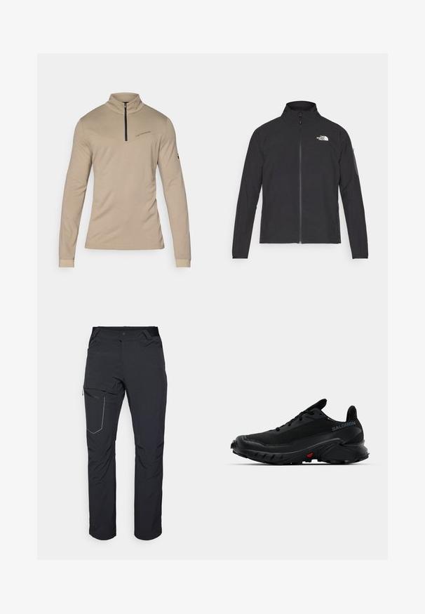 Zwarte jas met een hoge kraag, ritssluiting aan de voorkant en een gestructureerde stof. Heeft een logo op de bovenste linkerzijde en een zijzak op de mouw.; Beige langärmelige blouse met een hoge kraag en een halve rits. Kenmerkt zich door een diagonale naad en subtiele branding op de borst. Glad textuur.; Zwarte outdoorbroeken met een ritszak op de dij, een elastische tailleband en glad, waterafstotend materiaal. Schoon ontwerp zonder zichtbare logo's.; Zwarte sportieve schoenen met een textured bovenkant, ronde neus en een opvallende rubberen zool. Kenmerkt zich door een logo aan de zijkant en rode details op de zool.