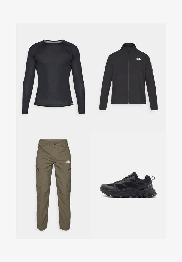 Jachetă neagră cu guler înalt, fermoar frontal și țesătură texturată. Dispune de un logo în partea stângă sus și o buzunar pe manșetă.; Cămașă sport neagră cu mâneci lungi, realizată dintr-un material texturat, cu guler rotund și accente din plasă la guler, design ajustat pentru libertatea de mișcare.; Pantaloni de exterior de culoare verde măsliniu, dintr-un material ușor, cu buzunare tip cargo, accente cu fermoar și un logo pe coapsa superioară.; Pantofi sport negri cu talpă groasă, upper din plasă și material sintetic, accente texturate și marcaj Vibram pe talpa exterioară.
