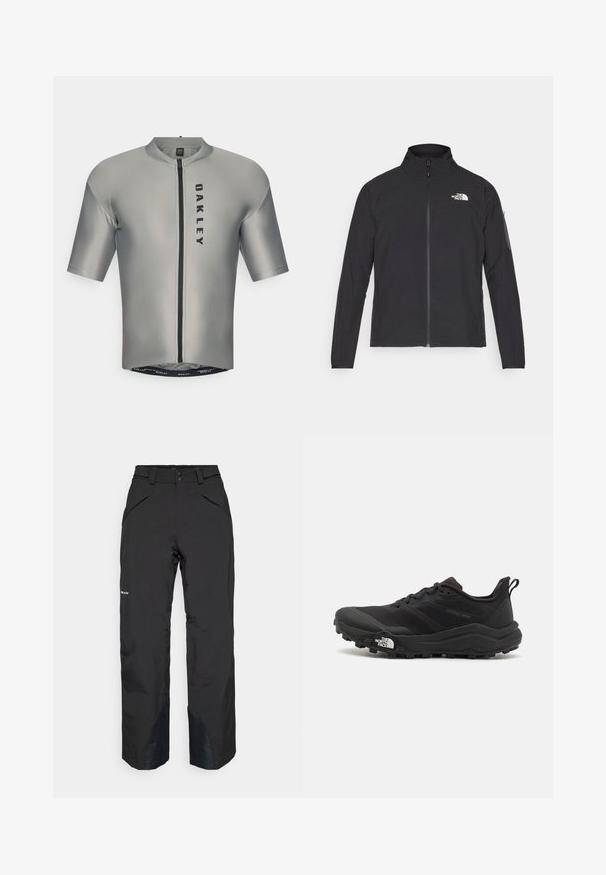 Melna jaka ar augstu apkakli, priekšpuses rāvējslēdzēju un teksturētu audumu. Ievērojams logo augšējā kreisajā pusē un sānu kabata uz piedurknes.; Īsām piedurkņu velosipēdu krekliņš gludā pelēkā audumā ar priekšējo rāvējslēdzēju, kurā ir melns "OAKLEY" logo un piegriezums.; Melnas ūdensizturīgas bikses ar taisnu piegriezumu, apakšā ar rāvējslēdzēju kabatām, pastiprinātām apakšmalām un gludu tekstūru.; Melnas taku skriešanas kurpes ar teksturētu virsu, gumijas zoli un pastiprinātu pirkstu daļu. Aprīkotas ar mīkstu apkakli un vilkšanas cilpu, lai viegli uzvilktu.