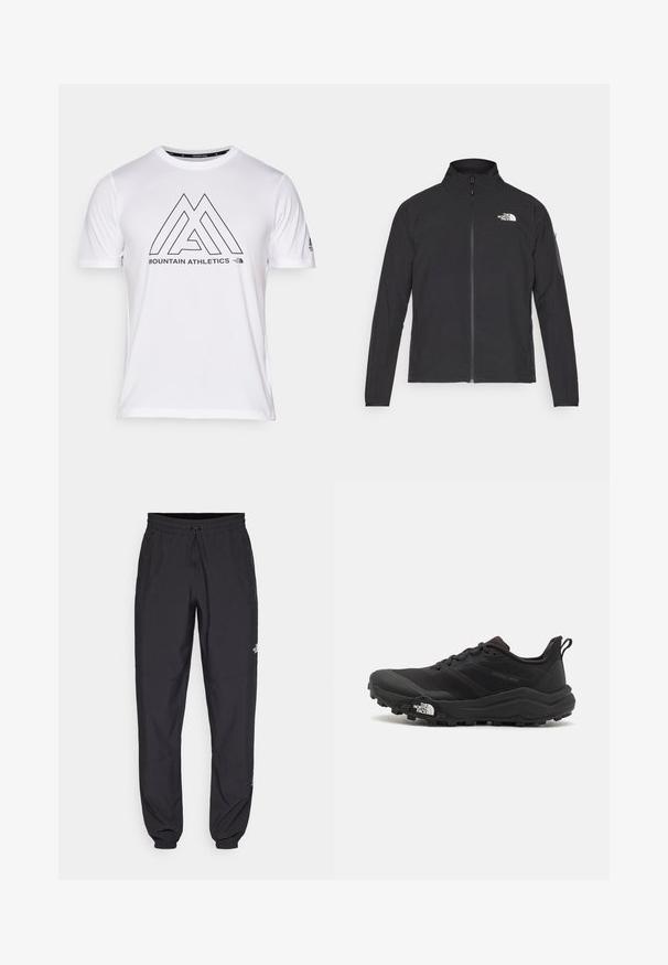 Melna jaka ar augstu apkakli, priekšpuses rāvējslēdzēju un teksturētu audumu. Ievērojams logo augšējā kreisajā pusē un sānu kabata uz piedurknes.; Balts īsām piedurkņu T-krekls ar melnu ģeometrisku logotipu, uz kura ir uzraksts "MOUNTAIN ATHLETICS" priekšpusē. Izgatavots no gludas, vieglas auduma.; Melni sporta bikses, kas izgatavotas no viegla auduma, ar savelcamu jostu, sānu kabatām un sašaurinātiem apakšējiem galiem pie potītēm.; Melnas taku skriešanas kurpes ar teksturētu virsu, gumijas zoli un pastiprinātu pirkstu daļu. Aprīkotas ar mīkstu apkakli un vilkšanas cilpu, lai viegli uzvilktu.