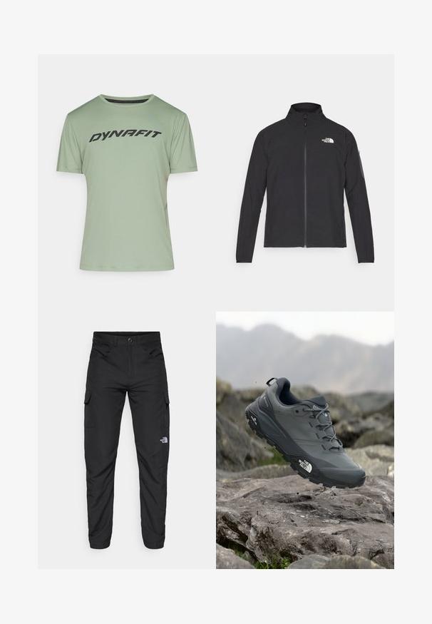Μαύρο σακάκι με ψηλό γιακά, μπροστινό φερμουάρ και υφασμάτινη υφή. Διαθέτει λογότυπο στο πάνω αριστερό μέρος και πλαϊνή τσέπη στο μανίκι.; Ανοιχτό πράσινο κοντομάνικο αθλητικό πουκάμισο με στρογγυλή λαιμόκοψη και μαύρο λογότυπο "DYNAFIT" τύπωμένο σε όλο το στήθος. Φτιαγμένο από λείο, αναπνεύσιμο ύφασμα.; The North Face HORIZON PANT - Παντελόνι εξωτερικού χώρου - black; Γκρι αθλητικό παπούτσι τρεξίματος με υφή στην επάνω πλευρά, ανθεκτική καουτσούκ σόλα και ενισχυμένη μύτη. Περιλαμβάνει κορδόνια και λογότυπο της μάρκας στο πλάι.