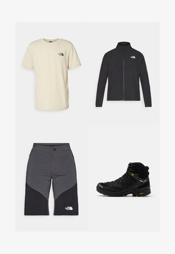 Sort jakke med høj krave, frontlynlås og struktureret stof. Har et logo på øverste venstre side og en sidelomme på ærmet.; Lys beige bomulds t-shirt med rund hals og korte ærmer. Har et sort logo trykt på venstre brystområde. Enkel, klassisk skæring.; Grå og sorte shorts med paneldesign, lukning foran med knap og The North Face-logo. Lavet af et letvægts, holdbart stof.; Sort vandrestøvle med struktureret overdel, forstærket tå og Vibram-sål. Snøresystemet inkluderer kroge for en sikker pasform.