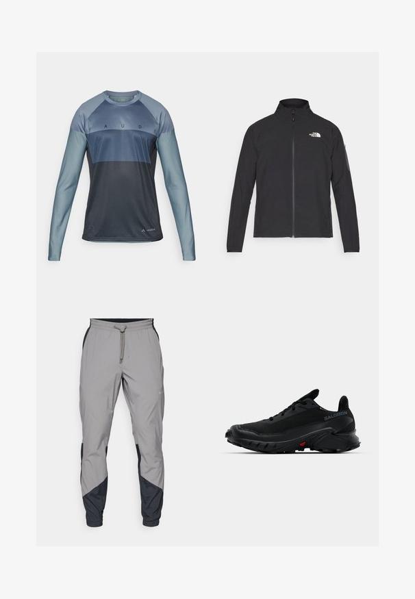 Čierna bunda s vysokým golierom, predným zipsom a textúrovanou tkaninou. Na prednej strane má logo na ľavej hornej strane a bočnú vrecko na rukáve.; Dlhý rukáv športového trička v odtieňoch modrej a tmavošedej, s okrúhlym výstrihom, sieťovinovou textúrou a s názvom značky "VAUDE" potlačeným na prednej strane.; Ľahké, šedé športové nohavice s čiernymi akcentmi. Elastický pás, sťahovanie pomocou šnúrky, zúžený strih nohavíc a bočné vrecká.; Čierne športové topánky s textúrovaným vrchom, okrúhlou špičkou a výraznou gumovou podrážkou. Obsahujú logo na boku a červené detaily na podrážke.