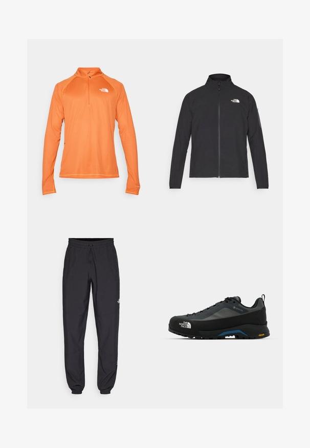 Svart jakke med høy krage, frontglidelås og teksturert stoff. Har et logo på øvre venstre side og en sidelomme på ermet.; Oransje langermet genser med halv-zip krage. Teksturert stoff, kontraststing og liten logo på brystet. Lett design.; Sorte idrettsbukser laget av lett stoff, med snor i livet, sidelommer og smale mansjetter ved anklene.; The North Face VERTO ALPINE GORE TEX - Fjellsko - asphalt grey/tnf black