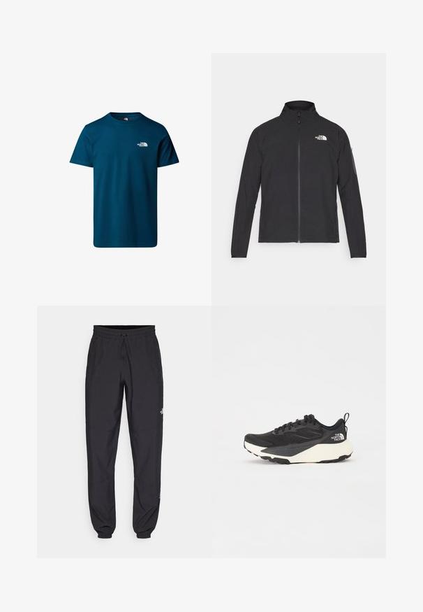 Czarna kurtka z wysokim kołnierzem, przednim zamkiem błyskawicznym i teksturowanym materiałem. Posiada logo na górnej lewej stronie oraz kieszeń na rękawie.; The North Face DOME petrol; Czarne spodenki sportowe wykonane z lekkiego materiału, z elastycznym pasem na sznurek, bocznymi kieszeniami i zwężanymi mankietami przy kostkach.; Czarne buty sportowe z teksturowaną siateczką, solidnymi czarnymi akcentami i białą, lekką podeszwą. Posiadają zapięcie na sznurówki i uchwyt do zakładania.