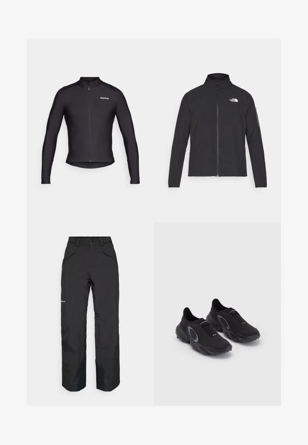 Črna jakna z visokim ovratnikom, sprednjim zadrgo in teksturirano tkanino. Ima logo na zgornji levi strani in stranski žep na rokavu.; Črna kolesarska jakna z dolgimi rokavi, prileganje po telesu, polni sprednji zadrgi in diskretnim logotipom na prsih. Gladek, raztegljiv material.; Črne vodoodporne hlače s ravnim krojem, opremljene z zadrgami na žepih, ojačenimi robovi in gladko teksturo.; Črne slip-on športne copate z teksturiranim zgornjim delom in gumijastim podplatom. Imajo sivo krožno dekoracijo in elastični trak čez gleženj za boljše prileganje.