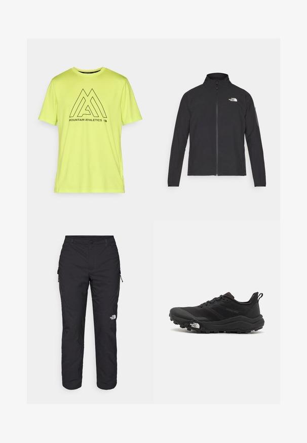 Juodas švarkas su aukšta apykakle, priekiniais užtrauktukais ir tekstūruotu audiniu. Yra logotipas viršuje kairėje ir šoninis kišenė ant rankovės.; Šviesiai neoninės geltonos spalvos sportinė marškinėlių, pagaminti iš minkštos medžiagos, su juodu grafiniu dizainu ir užrašu bei logotipu "MOUNTAIN ATHLETICS".; The North Face WINTER EXPLORATION TAPERED CARGO - Lauko kelnės - black; Juoda bėgimo batai su tekstūruotu paviršiumi, guma padais ir sustiprinta pirštų dalimi. Yra paminkštinta apykaklė ir kilpos, leidžiančios lengvai užsidėti.