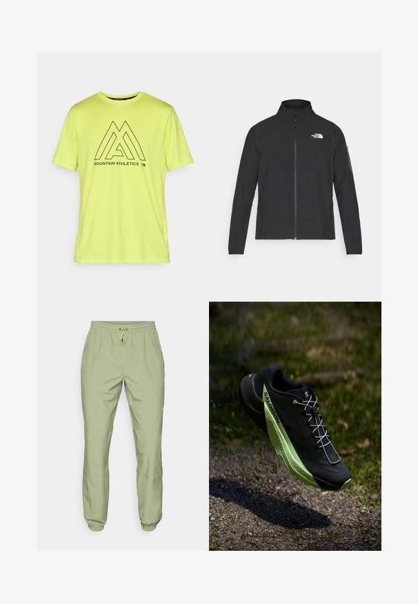 Čierna bunda s vysokým golierom, predným zipsom a textúrovanou tkaninou. Na prednej strane má logo na ľavej hornej strane a bočnú vrecko na rukáve.; Jasne neonovo žlté športové tričko vyrobené z mäkkej tkaniny, s čiernym grafickým dizajnom a textom a logom "MOUNTAIN ATHLETICS".; Svetlozelené športové nohavice s elastickým pásom, sťahovacou šnúrkou a manžetami na členkoch; majú dve bočné vrecká a hladký povrch.; Čierna bežecká topánka s textúrovaným povrchom a zelenými akcentmi. Má ľahkú konštrukciu a unikátne, zúbkované podrážky pre lepšiu priľnavosť.