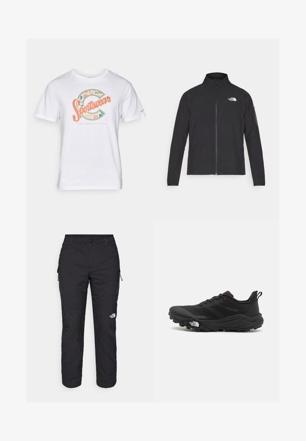 Melna jaka ar augstu apkakli, priekšpuses rāvējslēdzēju un teksturētu audumu. Ievērojams logo augšējā kreisajā pusē un sānu kabata uz piedurknes.; Balta kokvilnas T-kreklu ar daudzkrāsainu "Sportswear" grafiku, ģeometriskām rakstu un akcentiem, apaļu kakla izgriezumu un īsām piedurknēm.; The North Face WINTER EXPLORATION TAPERED CARGO - Āra bikses - black; Melnas taku skriešanas kurpes ar teksturētu virsu, gumijas zoli un pastiprinātu pirkstu daļu. Aprīkotas ar mīkstu apkakli un vilkšanas cilpu, lai viegli uzvilktu.