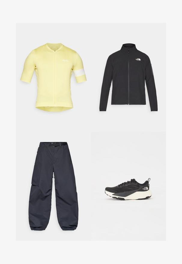 Schwarze Jacke mit hohem Kragen, vorderem Reißverschluss und TEXTURIERTEM Stoff. Verfügt über ein Logo auf der oberen linken Seite und eine Seitentasche am Ärmel.; Gelbes Radtrikot mit kurzen Ärmeln, enganliegendem Design, strukturiertem Stoff, Reißverschluss vorne und einem weißen Akzentband am Ärmel. "Rapha"-Logo vorhanden.; Dunkelgraue Cargo-Hosen aus einem weichen, strapazierfähigen Material. Sie haben eine weite, lockere Passform, mehrere Taschen und einen verstellbaren Taillengürtel.; Schwarzer Sportschuh mit strukturiertem Mesh-Obermaterial, komplett schwarzen Akzenten und leichter weißer Laufsohle. Verfügt über eine Schnürung und eine Zuglasche.