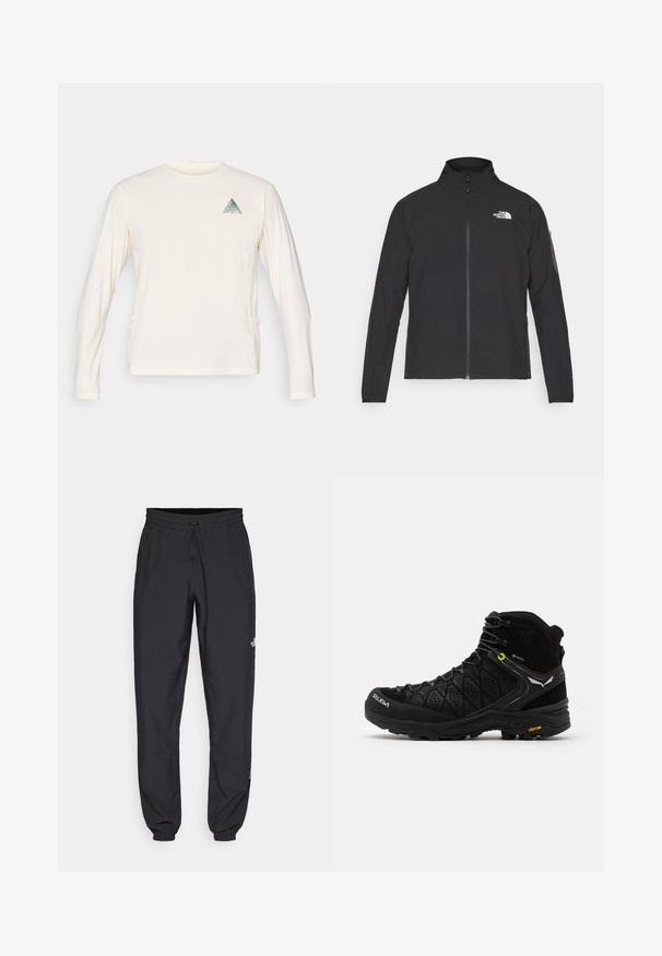 Zwarte jas met een hoge kraag, ritssluiting aan de voorkant en een gestructureerde stof. Heeft een logo op de bovenste linkerzijde en een zijzak op de mouw.; Lange mouw beige shirt gemaakt van zachte stof, met een driehoekige grafische patch op de linkerborst en zijzakken.; Zwarte sportieve broek gemaakt van lichtgewicht stof, met een trekkoord in de taille, zijzakken en taps toelopende boorden bij de enkels.; Zwarte wandelschoen met een gestructureerde bovenkant, verstevigde neus en Vibram-zool. Het vetersysteem bevat haken voor een veilige pasvorm.