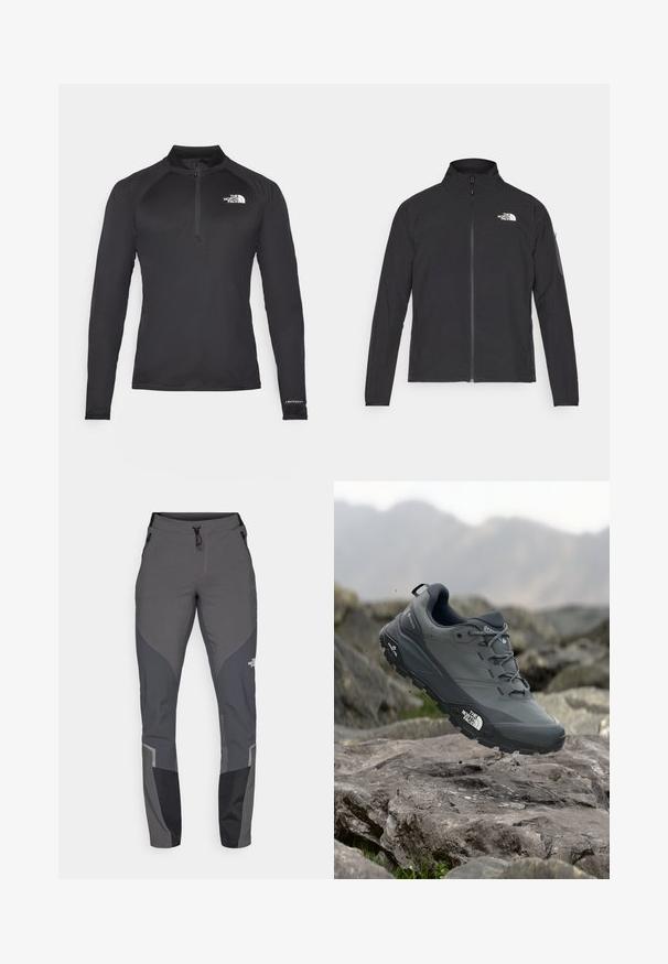 Casaco preto com um colarinho alto, fecho na frente e tecido texturizado. Apresenta um logótipo no canto superior esquerdo e um bolso lateral na manga.; Top ativo preto de mangas compridas com gola de zíper até ao quarto, tecido texturizado, bolsos laterais e um logo discreto no peito.; Calças de caminhada cinzas com um design ajustado, múltiplos bolsos e acentos contrastantes em cinza escuro e preto. Feitas de um material flexível e durável.; Sapatilha de corrida em trilhos cinza com um cabedal texturizado, sola de borracha durável e ponteira reforçada. Apresenta atacadores e o logótipo da marca de lado.