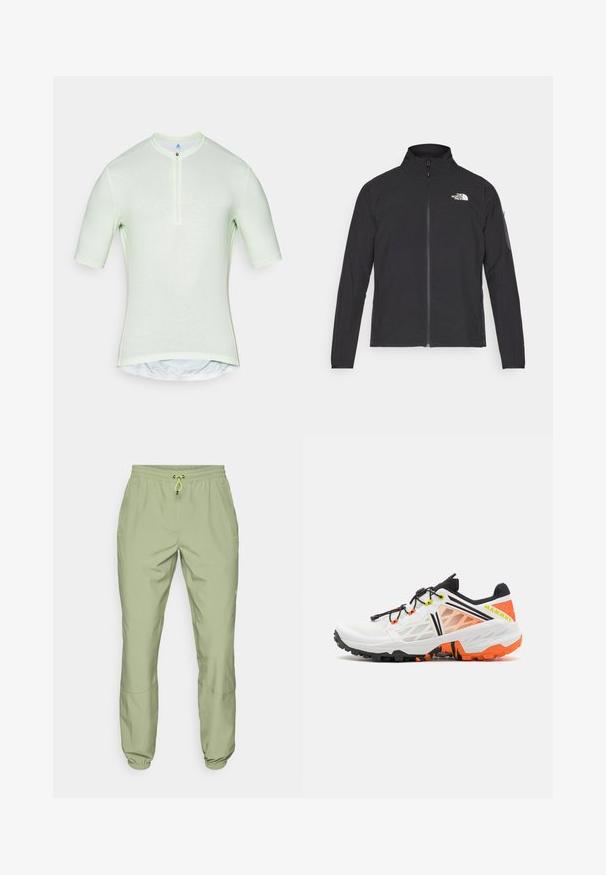 Czarna kurtka z wysokim kołnierzem, przednim zamkiem błyskawicznym i teksturowanym materiałem. Posiada logo na górnej lewej stronie oraz kieszeń na rękawie.; Jasnozielona koszula z krótkim rękawem, z wysokim kołnierzem, pół zamkiem błyskawicznym i dopasowanym krojem. Posiada gładki materiał o lekkiej teksturze.; Jasnozielone spodenki sportowe z elastycznym paskiem w talii, zapięciem na sznurek i ściągaczami przy kostkach; posiadają dwie boczne kieszenie i gładką teksturę.; Białe buty sportowe z fakturowaną cholewką, czarnymi akcentami, pomarańczowymi i żółtymi detalami, oraz solidną podeszwą zaprojektowaną z myślą o przyczepności.