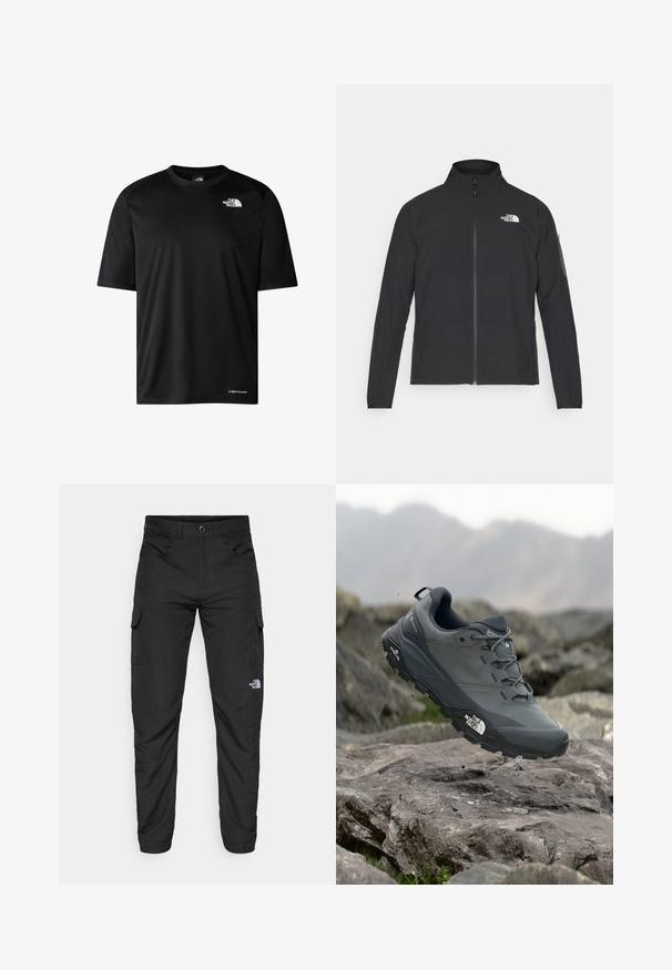 Chaqueta negra con cuello alto, cremallera frontal y tejido texturizado. Presenta un logo en la parte superior izquierda y un bolsillo lateral en la manga.; Camiseta atlética negra de manga corta con cuello redondo, tejido texturizado y logotipos blancos en el pecho y el dobladillo. Diseño liviano para uso activo.; The North Face HORIZON PANT - Pantalones montañeros largos - black; Zapatilla de trail running gris con parte superior texturizada, suela de goma duradera y puntera reforzada. Cuenta con cordones y logo de la marca en el lateral.