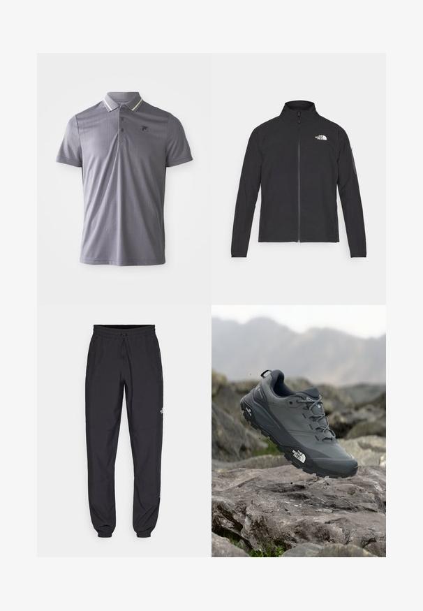 Sort jakke med høj krave, frontlynlås og struktureret stof. Har et logo på øverste venstre side og en sidelomme på ærmet.; Kortærmet grå polo med diskrete lodrette striber, tre-knaps placket og logo-patch på venstre bryst, krave med lysstribe accenter.; Sorte atletiske bukser lavet af letvægtsstof, med en snor i taljen, sidelommer og tapered manchetter ved anklerne.; Grå trail løbesko med en tekstureret overdel, slidstærk gummisål og forstærket tåkap. Har snørebånd og mærkelogo på siden.