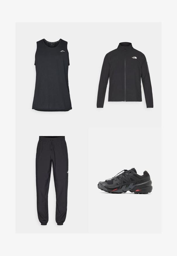 Black jacket with a high collar, front zipper, and textured fabric. Features a logo on the upper left and a side pocket on the sleeve.; Black sleeveless athletic tank top with a rounded neckline, made from lightweight material, featuring a small white logo in the upper left corner.; Black athletic pants made from lightweight fabric, featuring a drawstring waistband, side pockets, and tapered cuffs at the ankles.; Black running shoe with synthetic upper, textured design, and contrasting red accents. Features a secured lace system and rugged outsole.