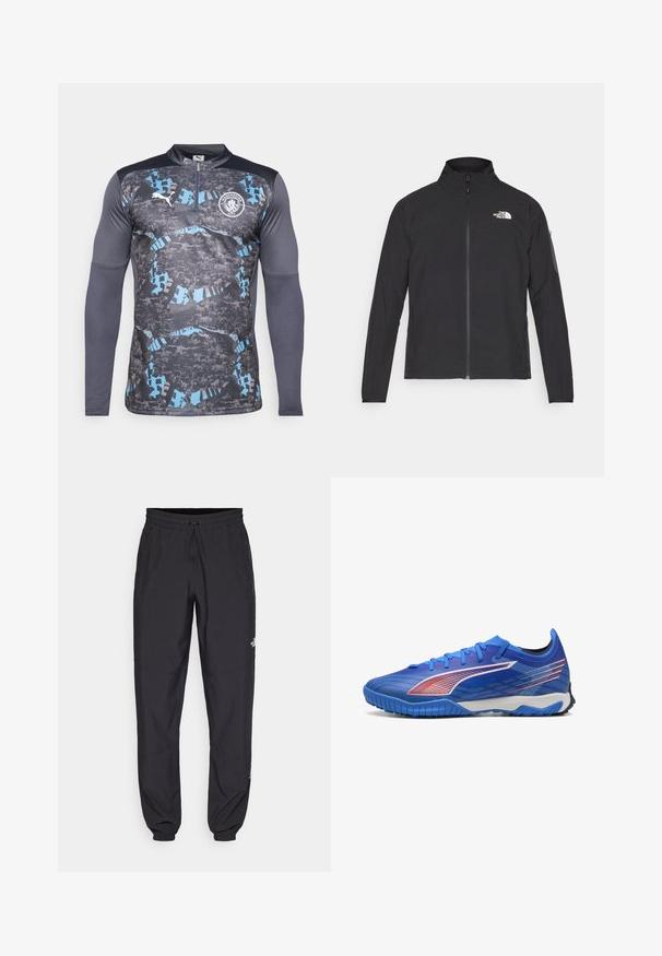 Jachetă neagră cu guler înalt, fermoar frontal și țesătură texturată. Dispune de un logo în partea stângă sus și o buzunar pe manșetă.; Tricou sport cu mânecă lungă, având un guler cu fermoar pe jumătate, un design cu modele gri și albastru, cu un logo pe piept și mâneci texturate.; Pantaloni atletici negri, confecționați dintr-un material ușor, cu un tiv elastic la talie, buzunare laterale și tivuri ajustate la gleznă.; Pantofi sport de culoare albastră cu un superior din plasă, suprafață texturată și accente roșii. Au o talpă plată și un design cu șireturi pentru o fixare sigură.