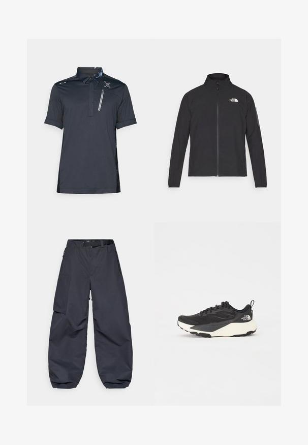 Svart jakke med høy krage, frontglidelås og teksturert stoff. Har et logo på øvre venstre side og en sidelomme på ermet.; Svart polo skjorte med korte ermer, mønstret krage, brystlomme med glidelås og teksturerte sider. Logodetalj på venstre front.; Mørkegrå cargo bukser laget av et mykt, slitesterkt materiale. De har en bred, løs passform, flere lommer og et belte i midjen for justering.; Svart treningssko med teksturert mesh-overdel, solide svarte detaljer og hvit, lett yttersåle. Har snøring og en løkke bak.