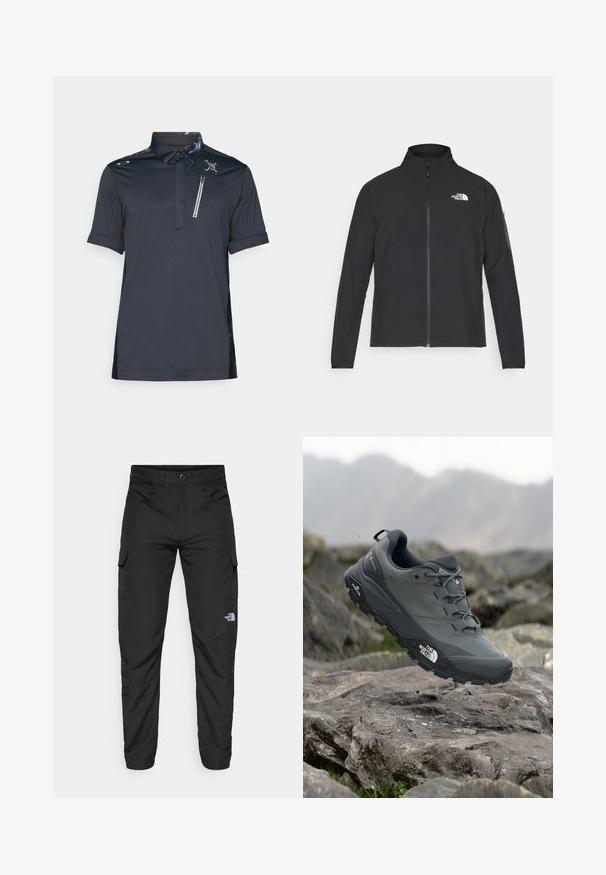 Juodas švarkas su aukšta apykakle, priekiniais užtrauktukais ir tekstūruotu audiniu. Yra logotipas viršuje kairėje ir šoninis kišenė ant rankovės.; Juodas polo marškinėliai su trumpomis rankovėmis, raštuotas apykaklė, krūtinės kišenė su užtrauktuku ir tekstūruoti šonai. Logo detalė ant kairiojo krūtinės.; The North Face HORIZON PANT - Lauko kelnės - black; Pilkas bėgimo batelis su tekstūruota viršutine dalimi, tvirtu guminio pado ir sustiprinta nosimi. Turi raištelius ir prekės ženklo logotipą šone.