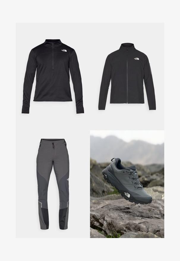 Melna jaka ar augstu apkakli, priekšpuses rāvējslēdzēju un teksturētu audumu. Ievērojams logo augšējā kreisajā pusē un sānu kabata uz piedurknes.; Melns garais piedurkņu džemperis, izgatavots no strukturēta auduma, ar ceturtdaļas rāvējslēdzēju un mazu logo uz krūtīm. Piedurknes ir piegulošas un aprīkotas ar īkšķu caurumiem.; Pelēki pārgājienu bikses ar sašaurinātu piegriezumu, vairākām kabatām un kontrastējošiem tumši pelēkiem un melniem akcentiem. Izgatavotas no elastīga, izturīga materiāla.; Pelēki skrējēju apavi ar teksturētu virsu, izturīgu gumijas zoli un pastiprinātu pirkstu daļu. Iekļauj šņores un zīmola logo sānos.