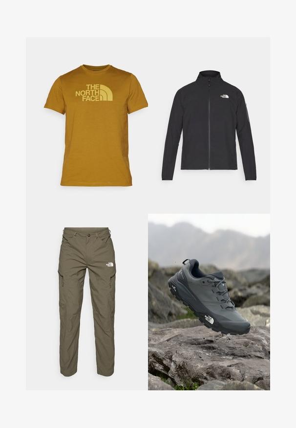 Melna jaka ar augstu apkakli, priekšpuses rāvējslēdzēju un teksturētu audumu. Ievērojams logo augšējā kreisajā pusē un sānu kabata uz piedurknes.; Siniegas dzeltena T-kreklā, izgatavots no kokvilnas, ar īsām piedurknēm un kuplu kakla izgriezumu. Uz kreklā redzams "THE NORTH FACE" logo gaišākā dzeltenā krāsā.; Olīvu zaļas āra bikses, kas izgatavotas no viegla auduma, ar kravu kabatām, rāvējslēdzēju akcentiem un logotipu uz augšstilba.; Pelēki skrējēju apavi ar teksturētu virsu, izturīgu gumijas zoli un pastiprinātu pirkstu daļu. Iekļauj šņores un zīmola logo sānos.