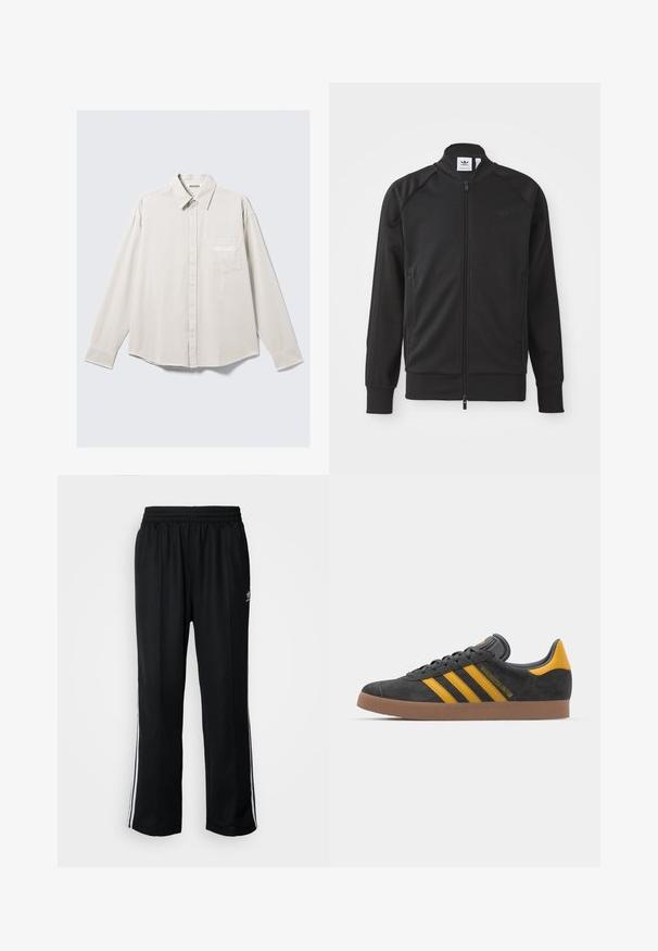 Veste zippée noire de sport en tissu lisse. Dotée d'un col haut, de manches raglan, de deux poches latérales et d'un logo embossé sur la poitrine.; Chemise à manches longues beige avec col et poche poitrine, arborant une broderie discrète "ATHLETIX DEPT".; Pantalons de sport noirs avec une taille élastique, ornés de rayures blanches sur les côtés et d'un petit logo. Le matériau semble doux et léger.; Baskets en suede noir avec des accents jaunes, présentant trois rayures et une semelle en caoutchouc marron. Comprend une languette rembourrée pour le confort.