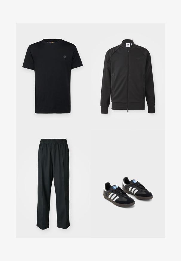 Čierna športová zipsová bunda z hladkej látky. Má vysoký golier, raglánové rukávy, dve bočné vrecká a embosované logo na hrudi.; Čierne bavlnené tričko s okrúhlym výstrihom, krátkymi rukávmi a malým vyšívaným logom na hrudi. Hladká textúra, klasický strih.; Čierne športové nohavice s elastickým pásom, vyrobené z hladkého materiálu, s jemným bočným šitím a voľným strihom, rovný strih.; Čierne tenisky so zvrškom z semišu a syntetického materiálu, s tromi bielymi pruhmi, štruktúrovanou gumovou podrážkou a modrou logovou etiketou na jazyku.