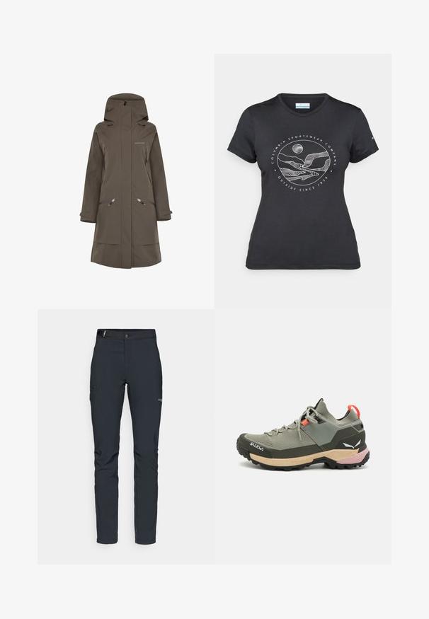 Ruskea vedenpitävä pitkä takki hupulla, jossa on vetoketjulliset sivutaskut ja säädettävät hihansuut, valmistettu sileästä, kestävästä materiaalista.; Musta Columbia T-paita, jossa on valkoinen ympyrämuotoinen vuori- ja joki-viivataide sekä teksti "Columbia Sportswear Company Ulkona vuodesta 1938."; Miestne vonkajšie nohavice, tmavo šedé, vyrobené z flexibilného materiálu, s opaskom, zipsovými vreckami a zosilneným šitím.; Kevyt vihreä vaelluskengä, joka on valmistettu verkko- ja kumimateriaaleista, musta pitoalusta, vaaleanpunaiset ja oranssit yksityiskohdat sekä vahvistettu varvastoppa.