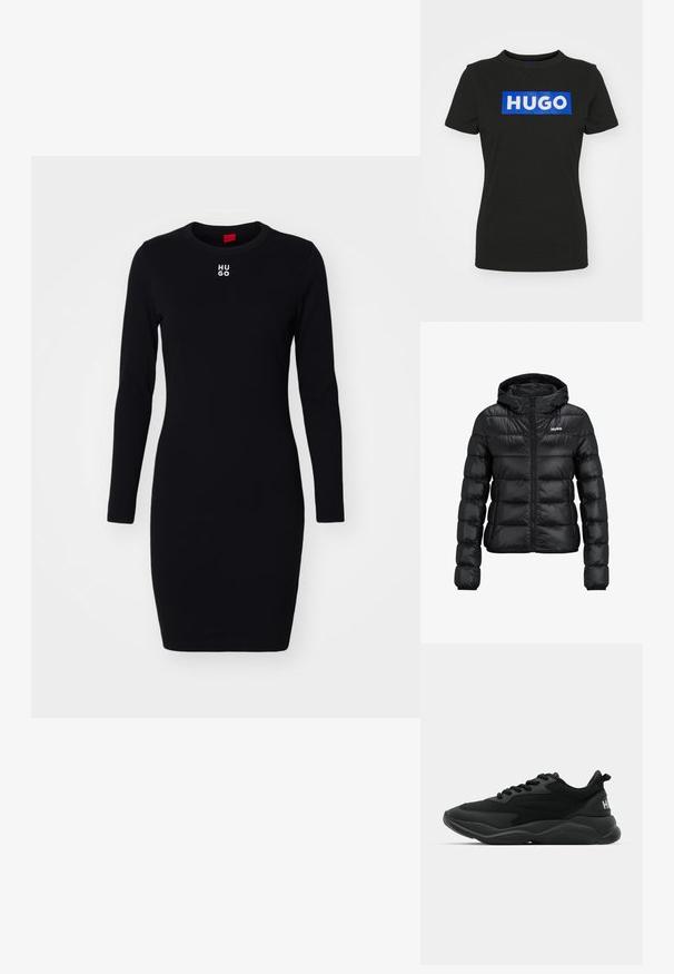 Črna podložena jakna z zadrgo in kapuco. Ima prešito zasnovo in logotip "HUGO" na prsih. Narejena je iz sijočega materiala.; Črna obleka z dolgimi rokavi iz mehkega in raztegljivega materiala. Ima okroglo izrez in beli logo "HUGO" na prsih. Prilagojena oblika.; Črna majica s kratkimi rokavi iz bombaža, ki ima velik moder pravokotni grafik z besedo "HUGO" v belih krepki črkah.; Črne atletske superge z teksturiranim zgornjim delom, vezalkami, oblazinjenim podplatom in blagovno oznako na peti.