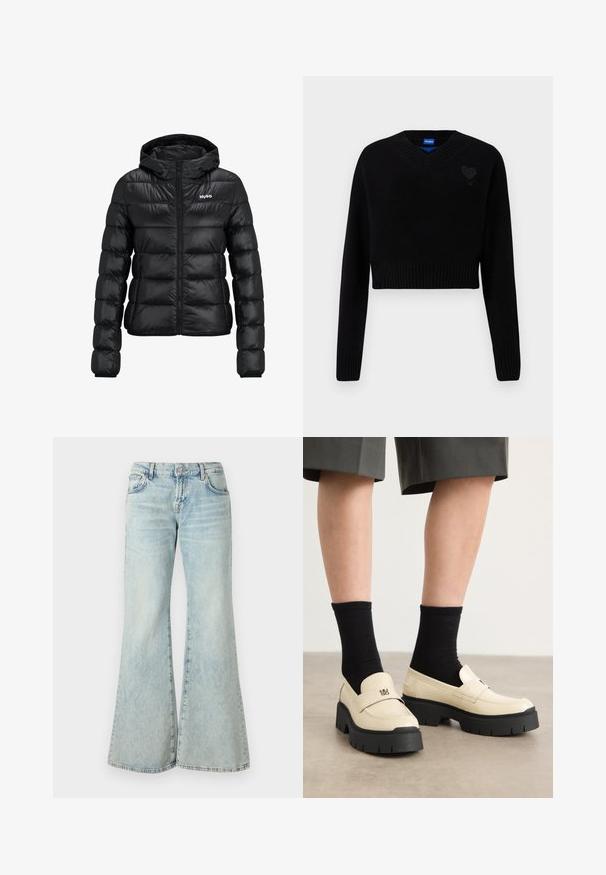 Svart polstret jakke med glidelås og hette. Har en quiltet design og "HUGO" logoen på brystet. Laget av skinnende materiale.; Svart kortermet genser med V-hals, ribbestrikket kant og lange ermer. Har et lite teksturert hjerte detaljer på brystet. Laget av mykt materiale.; Lyseblå flared jeans laget av denim, med høy midje, lommer og frynsete hem. Stoffet har en falmet vask og subtil tekstur.; Beige skinnloafers med tykk svart såle, rektangulær form og frontbånd. Brukt med svarte ankelsokker. Teksturert overflatedetalj.