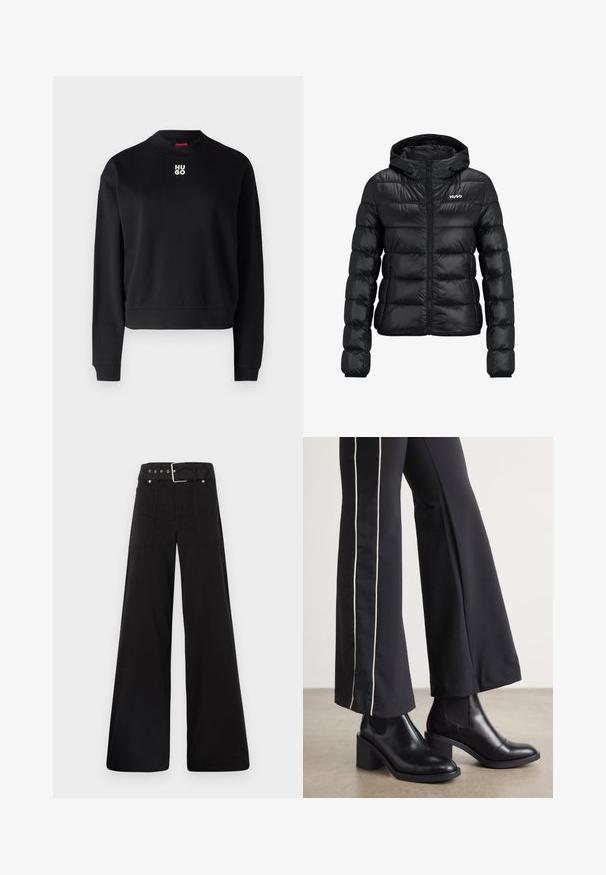 Giacca imbottita nera con chiusura a zip e cappuccio. Caratterizzata da un design trapuntato e dal logo "HUGO" sul petto. Realizzata in materiale lucido.; Felpa nera realizzata in morbido tessuto, con scollatura rotonda e polsini a costine. Il logo "HUGO" in bianco è centrato sul petto.; Pantaloni neri a gamba larga realizzati in cotone, con vita alta, ampie tasche laterali e vita con cintura arricchita da dettagli in metallo argentato.; Stivaletti in pelle nera con tacco a blocco, dotati di pannelli elastici sui lati. Abbinati a pantaloni neri con una striscia bianca laterale.