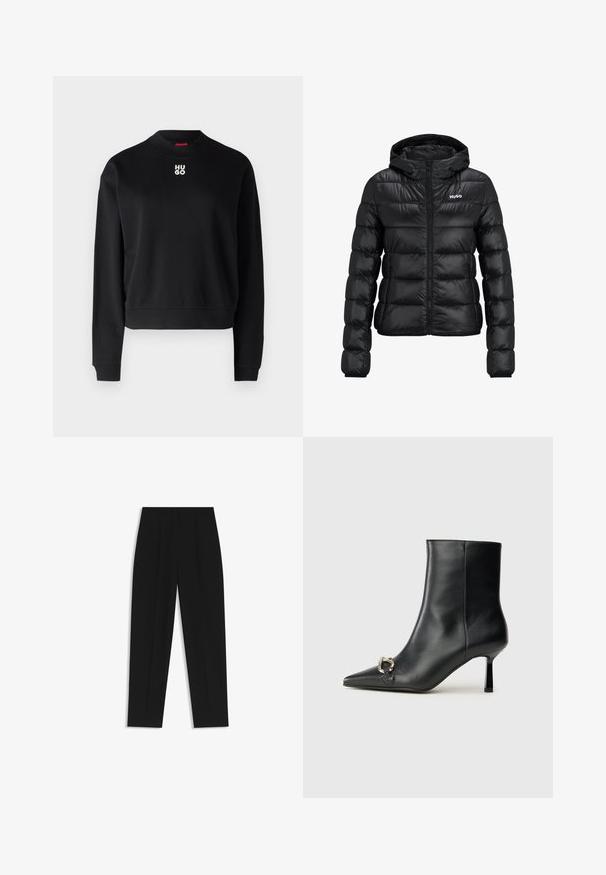 Zwarte gewatteerde jas met ritssluiting en capuchon. Kenmerkt zich door een doorgestikt ontwerp en het "HUGO"-logo op de borst. Gemaakt van glanzend materiaal.; Zwarte sweatshirt van zachte stof, met een ronde halslijn en ribgebreide manchetten. Het "HUGO" logo in het wit is gecentreerd op de borst.; Zwarte broeken met een rechte pasvorm, voorzien van dubbele plooien, een zachte textuur en een klassiek taillebandontwerp. Geen zichtbare hardware of accenten.; Zwarte leren enkelboot met spitse neus, slanke middenhoge hak en zilveren gespdetail aan de zijkant op een effen achtergrond.