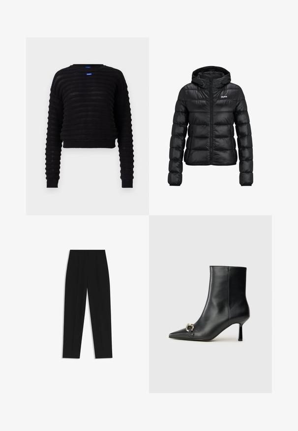 Schwarze gepolsterte Jacke mit einem Reißverschluss und Kapuze. Verfügt über ein gestepptes Design und das "HUGO"-Logo auf der Brust. Hergestellt aus glänzendem Material.; Schwarzer, kurzer Pullover mit geripptem Textur, langen Ärmeln und rundem Halsausschnitt. Mit einem blauen Logotag auf der Vorderseite. Hergestellt aus leichtem Material.; Schwarze Hose mit geradem Schnitt, doppelten Falten, einer glatten Textur und einem klassischen Bunddesign. Keine sichtbaren Beschläge oder Akzente.; Schwarze Leder-Stiefelette mit spitzer Zehe, schlankem, mittelhohem Absatz und silberner Schnalle seitlich vor einem schlichten Hintergrund.