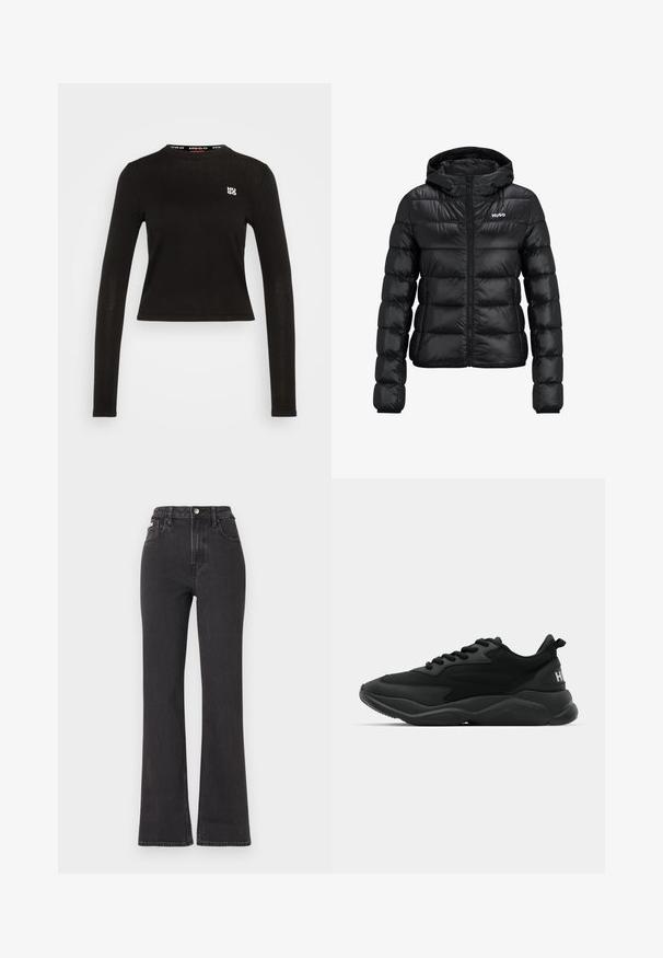 Crna podstavljena jakna s patentnim zatvaračem i kapuljačom. Ima kvadratni dizajn i "HUGO" logo na prsima. Izrađena od sjajnog materijala.; Crna majica dugih rukava izrađena od rebraste tkanine. Ima okrugli izrez i bijeli logo na lijevoj strani grudnog koša. Skratni rub.; Crni kratki gornji dio dugih rukava napravljen od glatkog materijala, s okruglim izrezom i bijelim "HUGO" logotipom na sredini prsnog koša.; Crne traperice s visokim strukom i proširenim dnom, izrađene od denima, s kopčanjem na dugme, petljama za remen i bočnim džepovima. Glatka tekstura s minimalnim izblijedjenjem.; Crne atletske tenisice s teksturiranom gornjom stranom, vezanjem na vezice, udobnim potplatom i brendiranim akcentom na peti.