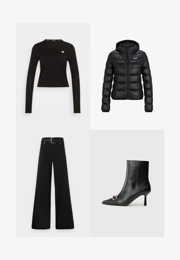 Must must jacket, milledega lukuga ja kapuutsiga. Omab tikanditud disaini ja "HUGO" logo rinnal. Valmistatud läikivast materjalist.; Must beežiliste varrukatega särk, mis on valmistatud ribakudumist. Omab ümarat kaelust ja valget logo vasakul rinnal. Lühendatud hemline.; Mustad laiad mustad püksid, mis on valmistatud puuvillast, kõrge vöökoha, suurte küljetaskute ja kumerate rihmadega, kus on hõbedased detailid.; Must mustanvärvi nahast pahklinetopp, millel on terav nina, peen keskmise kõrgusega konts ja hõbedane keha detail külgedel, taustal lihtne taust.