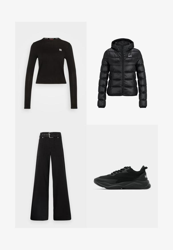Must must jacket, milledega lukuga ja kapuutsiga. Omab tikanditud disaini ja "HUGO" logo rinnal. Valmistatud läikivast materjalist.; Must beežiliste varrukatega särk, mis on valmistatud ribakudumist. Omab ümarat kaelust ja valget logo vasakul rinnal. Lühendatud hemline.; Mustad laiad mustad püksid, mis on valmistatud puuvillast, kõrge vöökoha, suurte küljetaskute ja kumerate rihmadega, kus on hõbedased detailid.; Mustad mustat spordijalatsid tekstureeritud ülemise osaga, süsteemse paelaga, pehmendatud tallaga ja bränditud aktsendiga kanna piirkonnas.